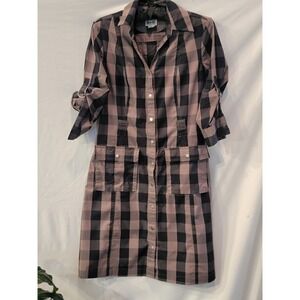 Converse One Star Plaid Shirt Dress Mauve Black Buffalo Check Roll Tab Sleeve S